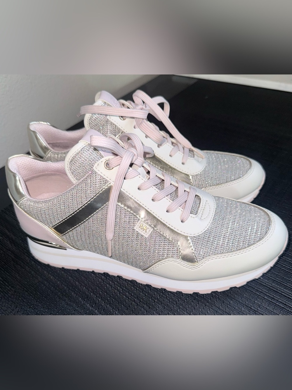 Michael Kors Pink and Silver Knit Lace-Up Sneakers Size 10 - Picture 3 of 9